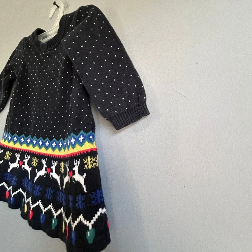 Hanna Andersson Kids Black Christmas Reindeer Sweater Dress 100% Cotton 12-18M